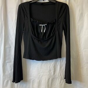 Women Sz L Long Flared Sleeve Square Neckline Babydoll Coquette Ribbed Knit Top